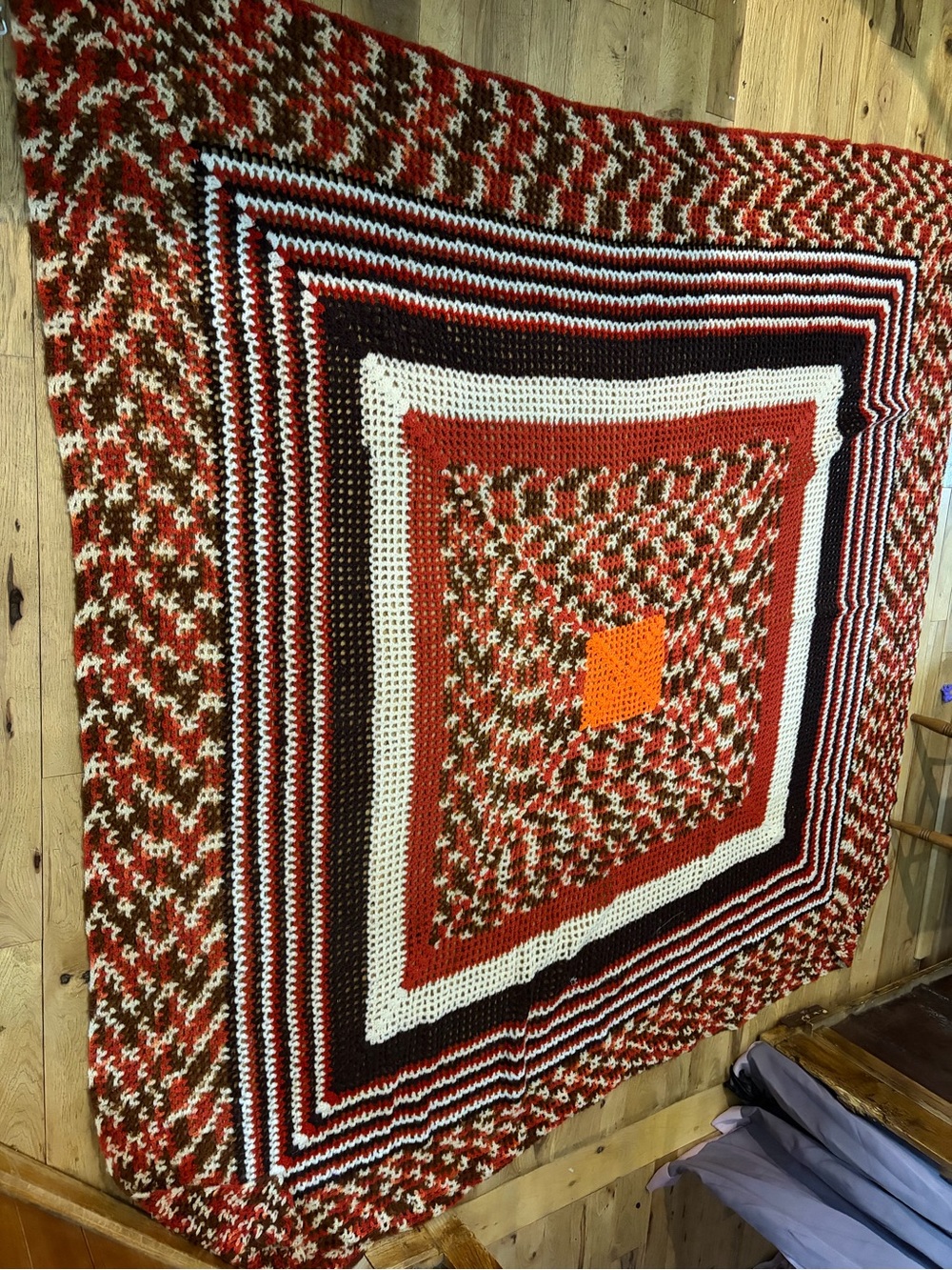 Handmade burnt orange, White & Brown Crochet Blanket - Cozy Home Bedding